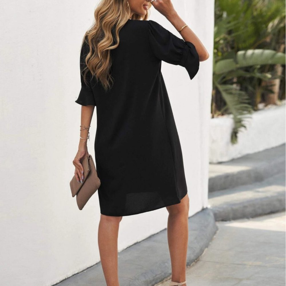 LUNE Notched Neck Flounce Sleeve Tunic Dress - Picture 5 of 5